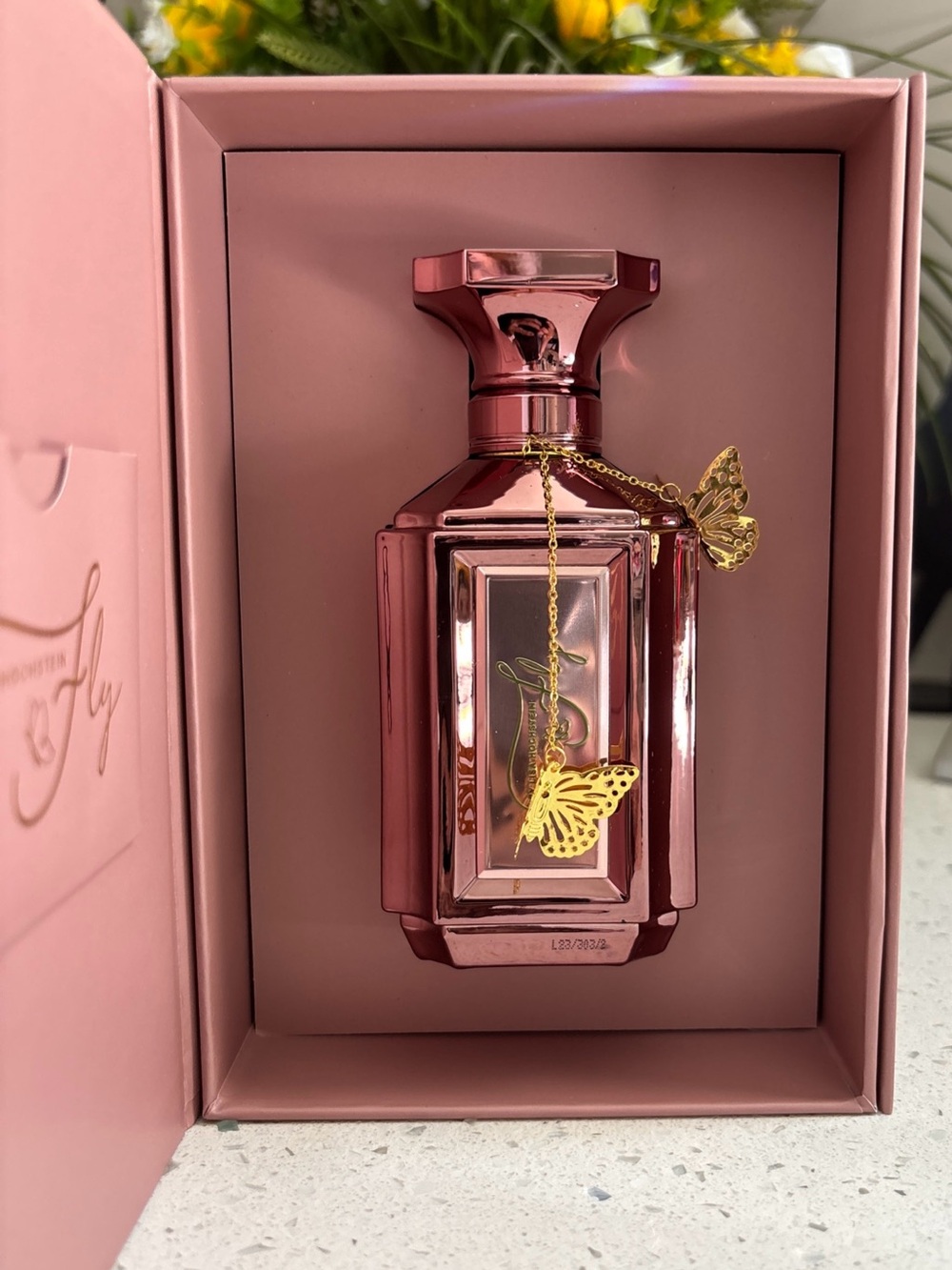 Aroma360 “Fly” Metallic Pink Bottle w/ Gold Butterfly Accents perfume